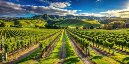 Vibrant green vineyard rows stretch into the distance, rich nutrient-dense soil at their roots, under bright blue skies in New Zealand's picturesque wine country.