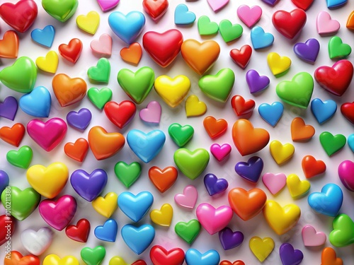 Vibrant multi-colored hearts of varying sizes scattered randomly on a clean white background, conveying feelings of joy, love, and playfulness in a festive atmosphere.