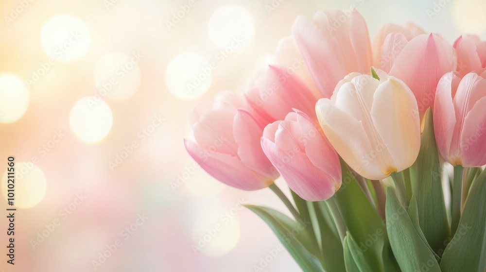 Obraz premium A bouquet of pink and white tulips is arranged in a vase