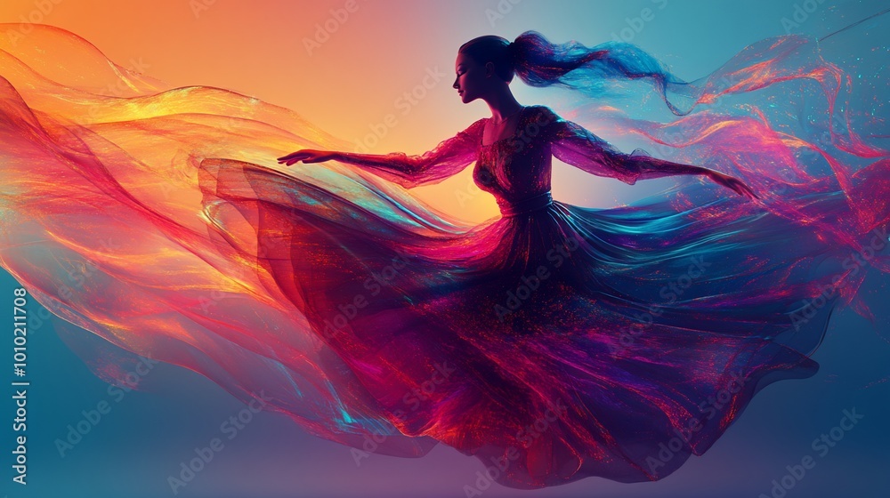 A woman in a flowing dress dances with a colourful abstract backdrop. A woman in a flowing dress dances with a colourful abstract backdrop.