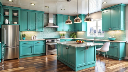 Vibrant turquoise painted kitchen cabinets add a pop of color to a modern kitchen, complemented by stainless steel appliances and sleek granite countertops. photo