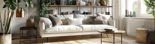 Interior of stylish living room with sofa  cushions and shelving units