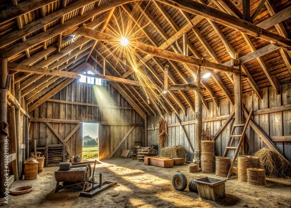 Weathered wooden rafter beams stretch across a rustic barn's open ceiling, illuminated by soft morning light and surrounded by old hay and vintage farm tools. Weathered wooden rafter beams stretch across a rustic barn's open ceiling, illuminated by soft morning light and surrounded by old hay and vintage farm tools.