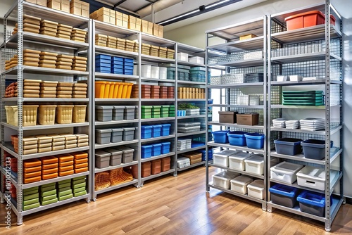 Well-organized retail store shelving display with neatly stacked merchandise, modern metal racks, and labeled bins, conveying a sense of efficient inventory management. photo