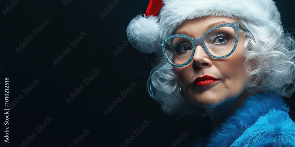 modern Mrs Claus, fashionable, blue santa dress, solid black background, copy space modern Mrs Claus, fashionable, blue santa dress, solid black background, copy space
