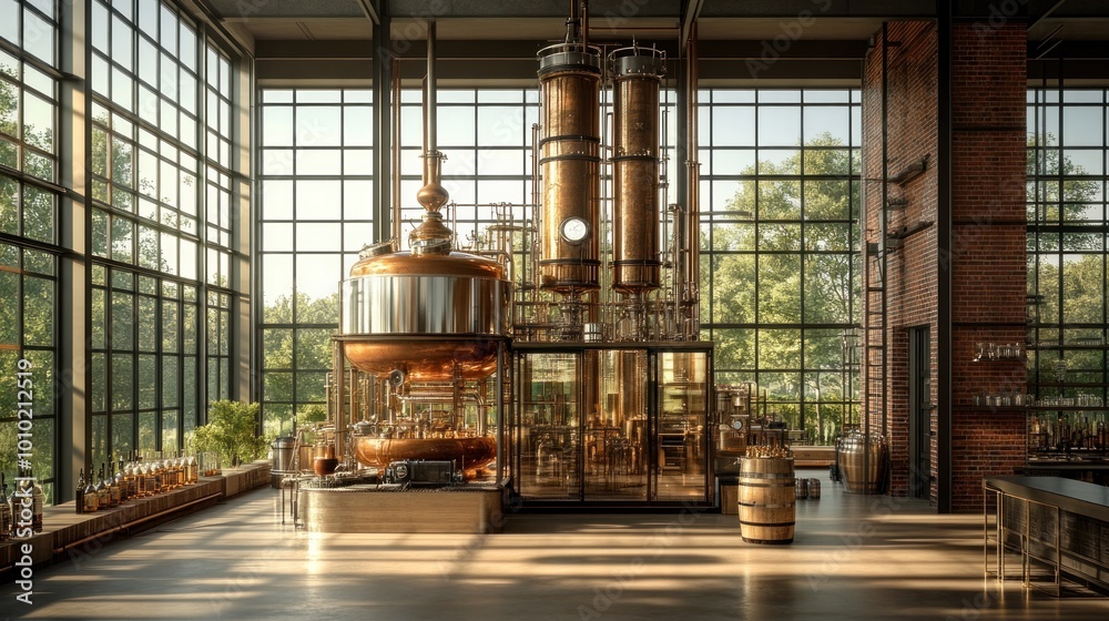 Modern distillery interior with copper equipment and large windows. Modern distillery interior with copper equipment and large windows.