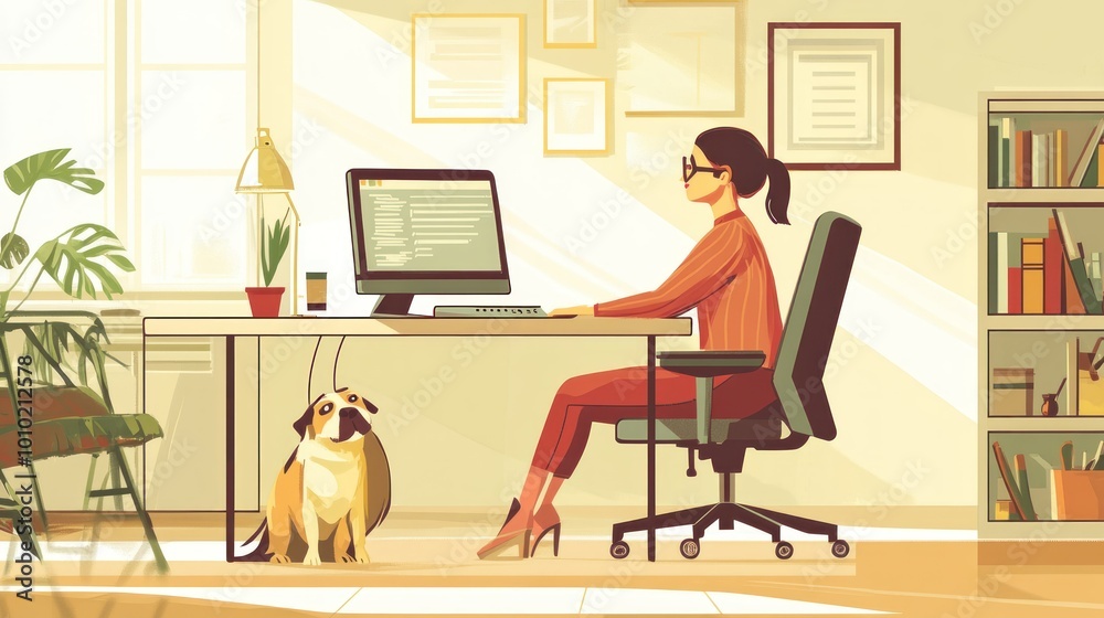 Fototapeta premium Woman Working at a Desk with a Dog Watching