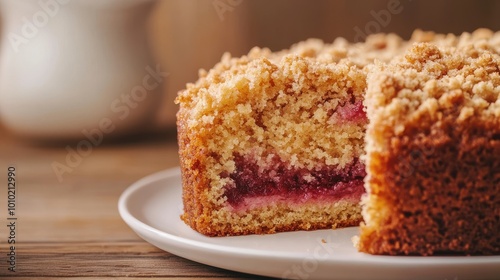 Rhubarb butter cake with crumble and glaze, served on a wooden table, close-up