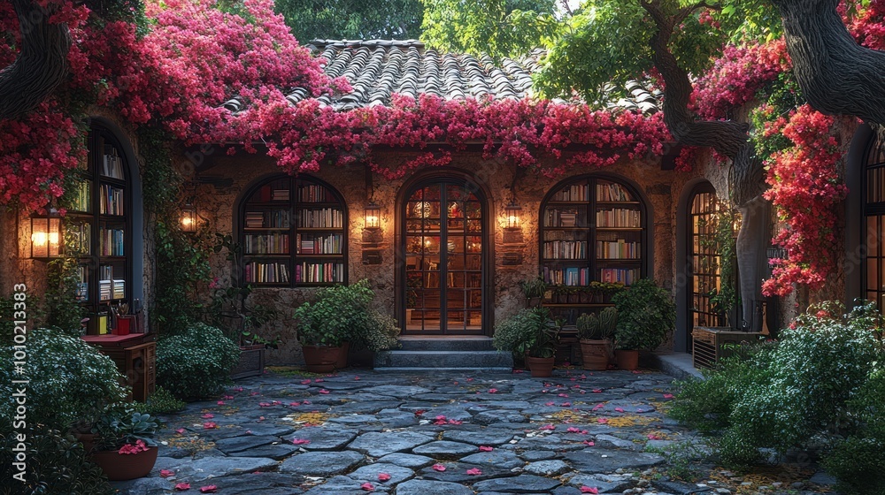 Cozy library courtyard adorned with vibrant flowers and greenery. Cozy library courtyard adorned with vibrant flowers and greenery.