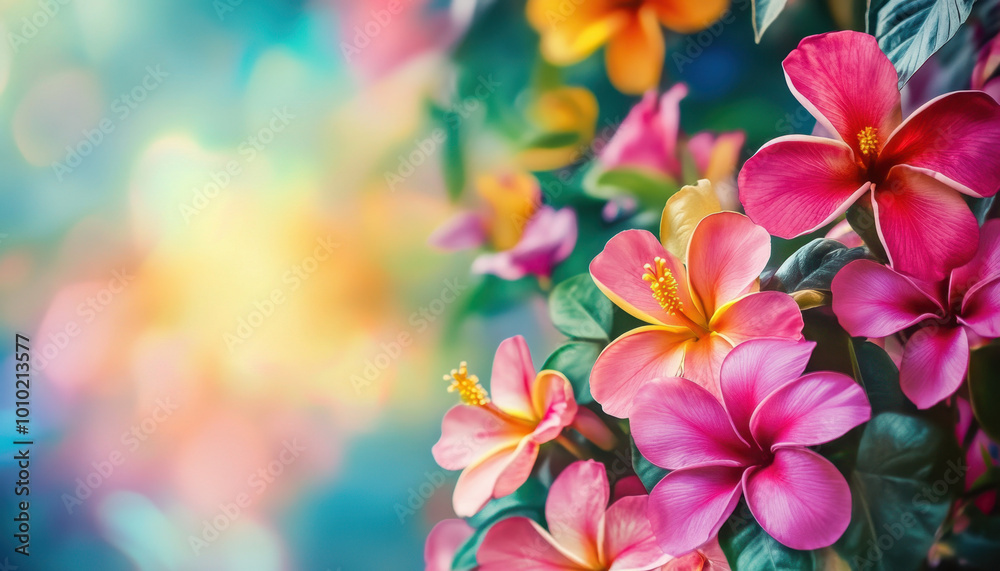 Vibrant hibiscus flowers in full bloom against a dreamy, colorful bokeh background, creating a vivid and lively atmosphere. Vibrant hibiscus flowers in full bloom against a dreamy, colorful bokeh background, creating a vivid and lively atmosphere.