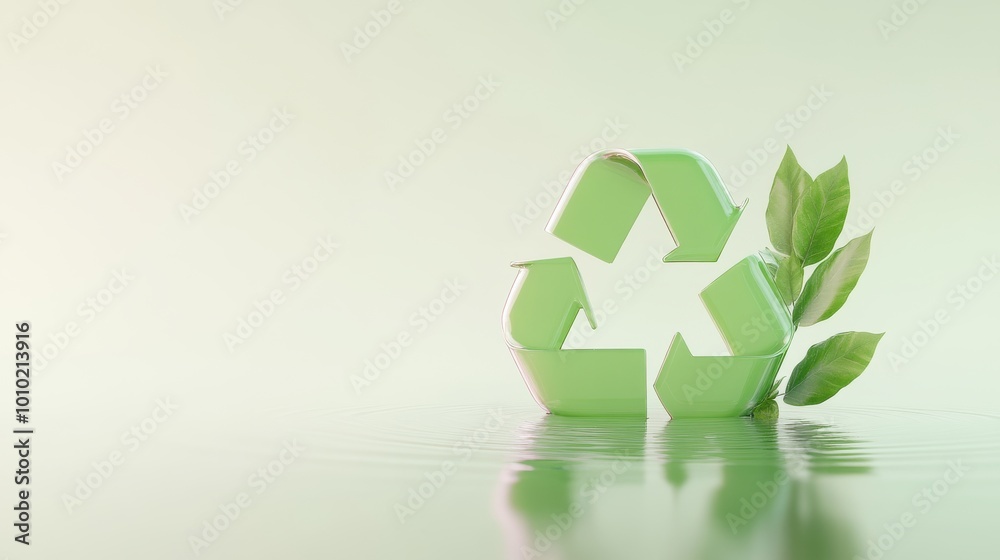 A green recycling symbol is surrounded by a leaf