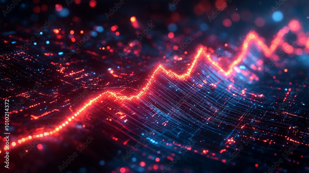 Abstract glowing red line chart on dark blue background with sparkling particles. Abstract glowing red line chart on dark blue background with sparkling particles.