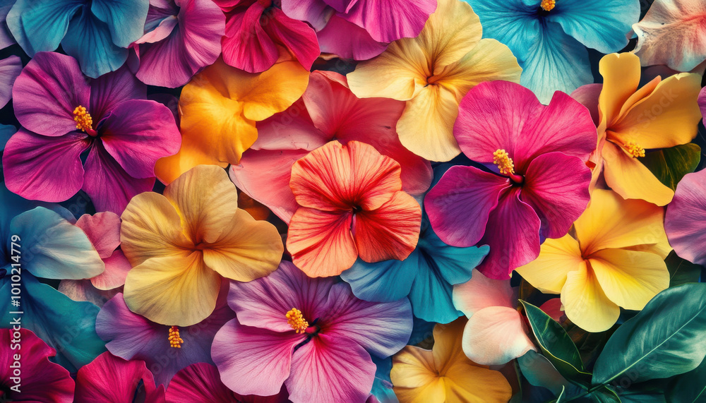 Vibrant hibiscus flowers in an array of colors, creating a lively and colorful floral tapestry showcasing nature's beauty and diversity. Vibrant hibiscus flowers in an array of colors, creating a lively and colorful floral tapestry showcasing nature's beauty and diversity.