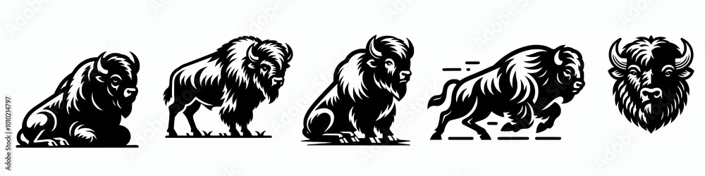 Fototapeta premium Bison vector silhouette illustration set collection. Different poses clip art element design bundle 