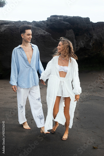 A Couple In Love, Husband And Wife, On The Beach Near The Ocean, Bali.