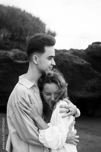 A Couple In Love, Husband And Wife, On The Beach Near The Ocean, Bali.