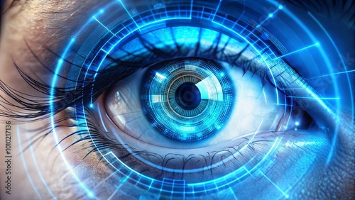 A close-up of a human eye with an intricate blue digital overlay, capturing the essence of technological advancement and the future of human interaction.