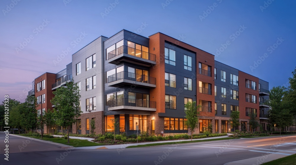 Vibrant Modern Apartment Complex at Dusk with Balconies and Lush Greenery Vibrant Modern Apartment Complex at Dusk with Balconies and Lush Greenery