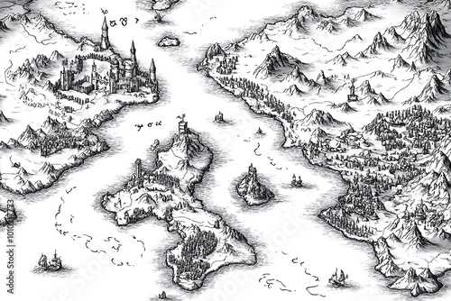 Fantasy World Map Sketch, Black and White Illustration