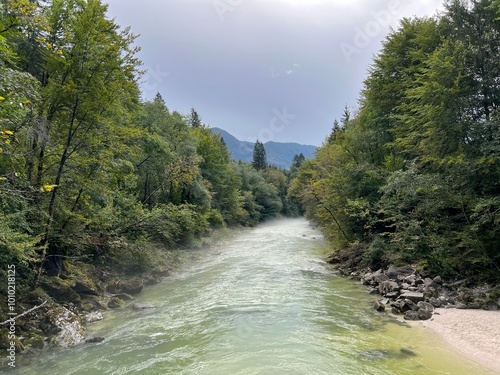 The Soča river near Bovac with its wooded shore (Bovec, Slovenia) - Der Fluss Soca bei Bovec mit einem bewaldeten Ufer (Bovec, Slowenien) - Reka Soča pri Bovcu z gozdnatim bregom (Bovec, Slovenija) photo