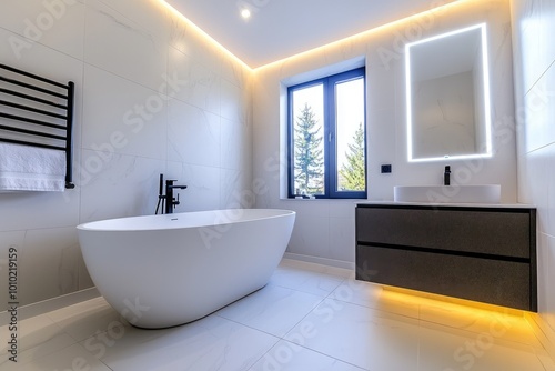 Stylish modern bathroom featuring a freestanding tub, sleek vanity, and natural light from large windows.