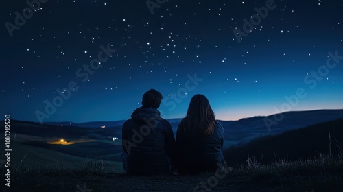 couple sits together on a hilltop, gazing at a clear night sky filled with stars, enjoying the peacefulness of nature.