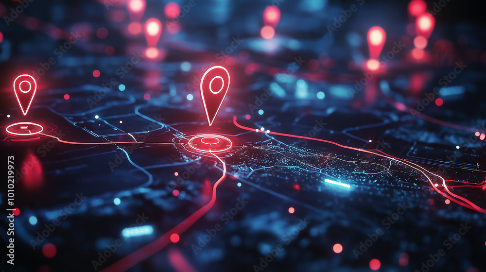 Red location pin icon hologram projecting on digital map with light trails Red location pin icon hologram projecting on digital map with light trails