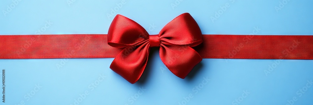 red ribbon and bow on blue background, gift wrap concept red ribbon and bow on blue background, gift wrap concept