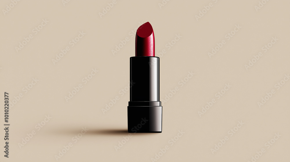 Single dark red lipstick is standing on a pale beige background Single dark red lipstick is standing on a pale beige background