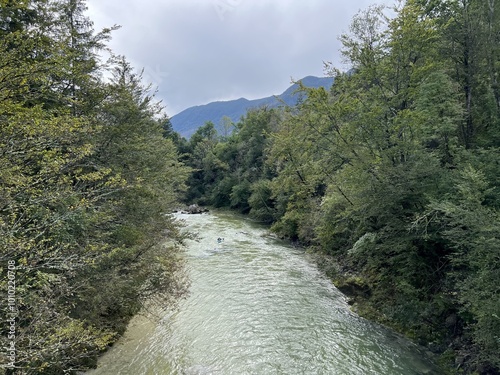 The Soča river near Bovac with its wooded shore (Bovec, Slovenia) - Der Fluss Soca bei Bovec mit einem bewaldeten Ufer (Bovec, Slowenien) - Reka Soča pri Bovcu z gozdnatim bregom (Bovec, Slovenija) photo