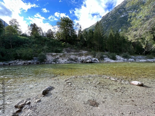 The Soča river near Bovac with its wooded shore (Bovec, Slovenia) - Der Fluss Soca bei Bovec mit einem bewaldeten Ufer (Bovec, Slowenien) - Reka Soča pri Bovcu z gozdnatim bregom (Bovec, Slovenija) photo