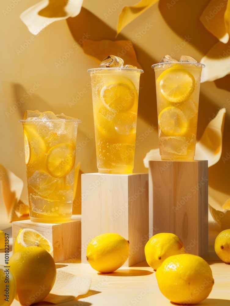 Static product advertisement featuring three tall, slim plastic cups of Frozen Lemon Tea, each filled with vibrant and refreshing lemon tea, showcasing slices of fresh lemon and ice cubes Static product advertisement featuring three tall, slim plastic cups of Frozen Lemon Tea, each filled with vibrant and refreshing lemon tea, showcasing slices of fresh lemon and ice cubes