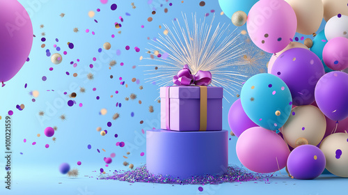 Purple gift box with a gold ribbon is the focus of this celebratory image