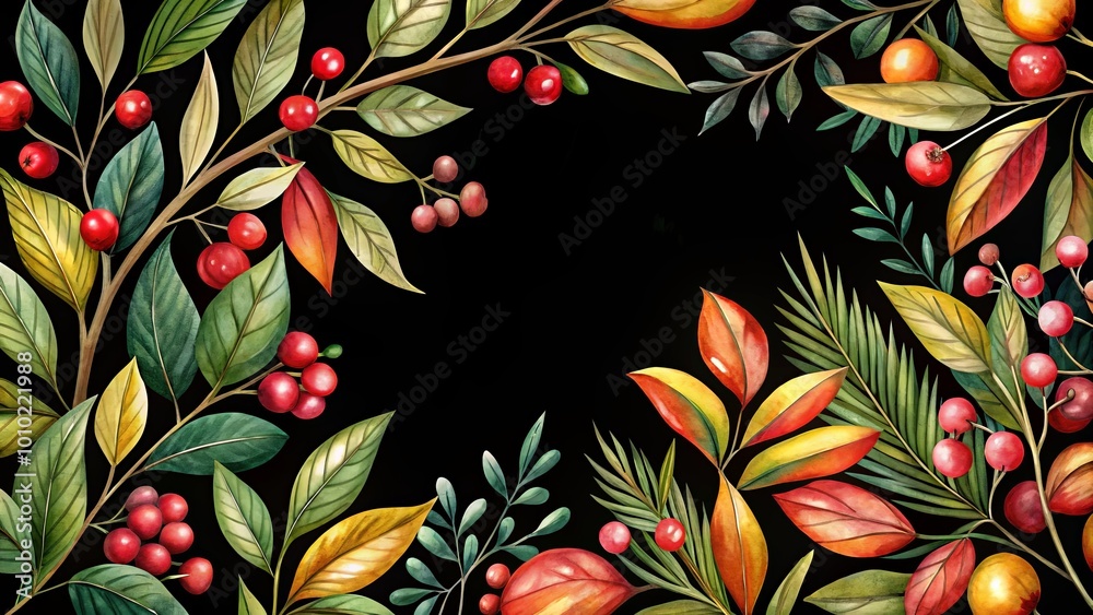 A vibrant border of leaves, branches, and berries in rich autumn hues, creating a visually captivating and festive design. A vibrant border of leaves, branches, and berries in rich autumn hues, creating a visually captivating and festive design.