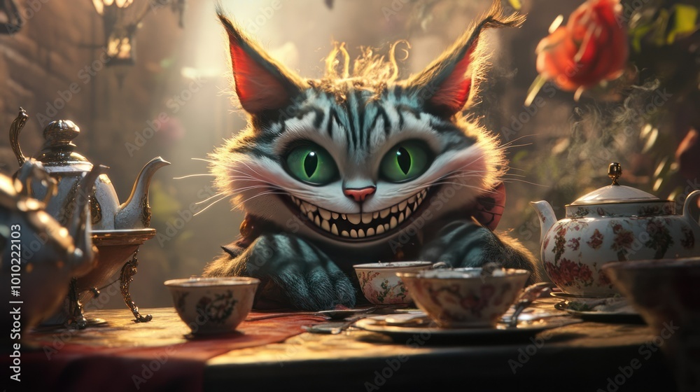 Fototapeta premium Cheshire Cat with a Grin at a Tea Party