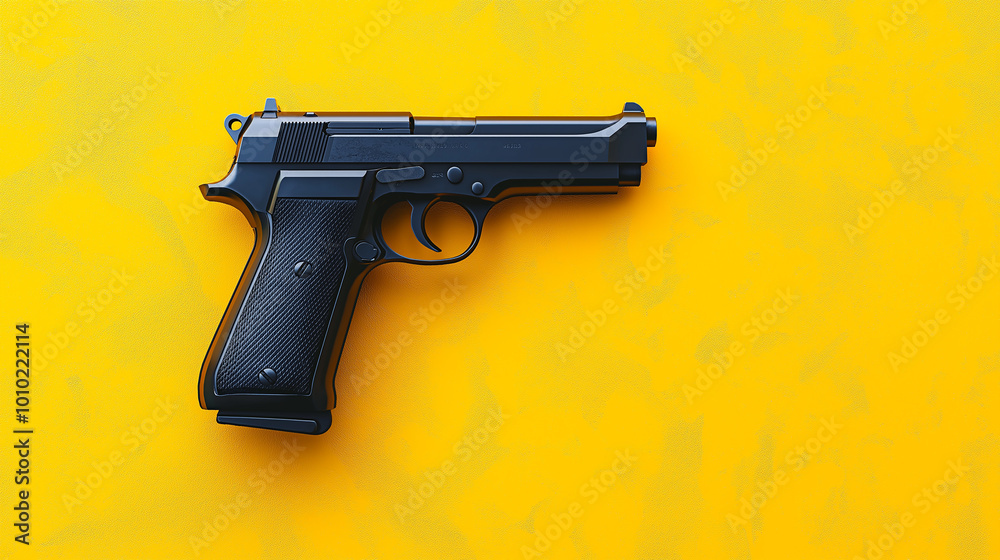 Black handgun resting on a vibrant yellow background with copy space Black handgun resting on a vibrant yellow background with copy space
