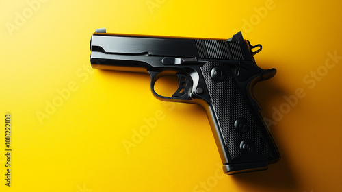 Black semi automatic handgun lying on a bright yellow background