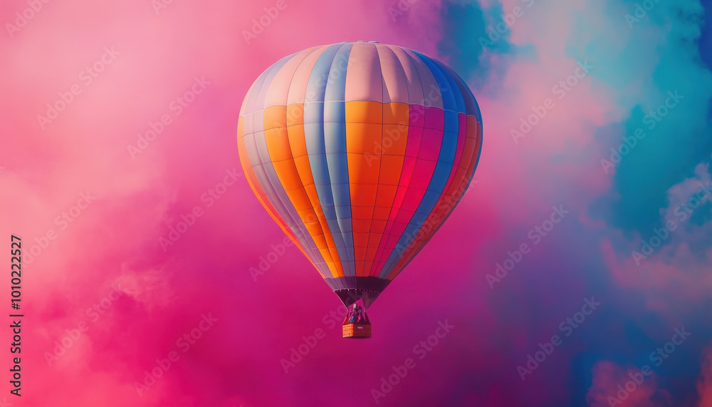 Obraz premium A vibrant hot air balloon floats gracefully against a stunning pink and blue sky, creating a dreamy and enchanting scene full of color and wonder.