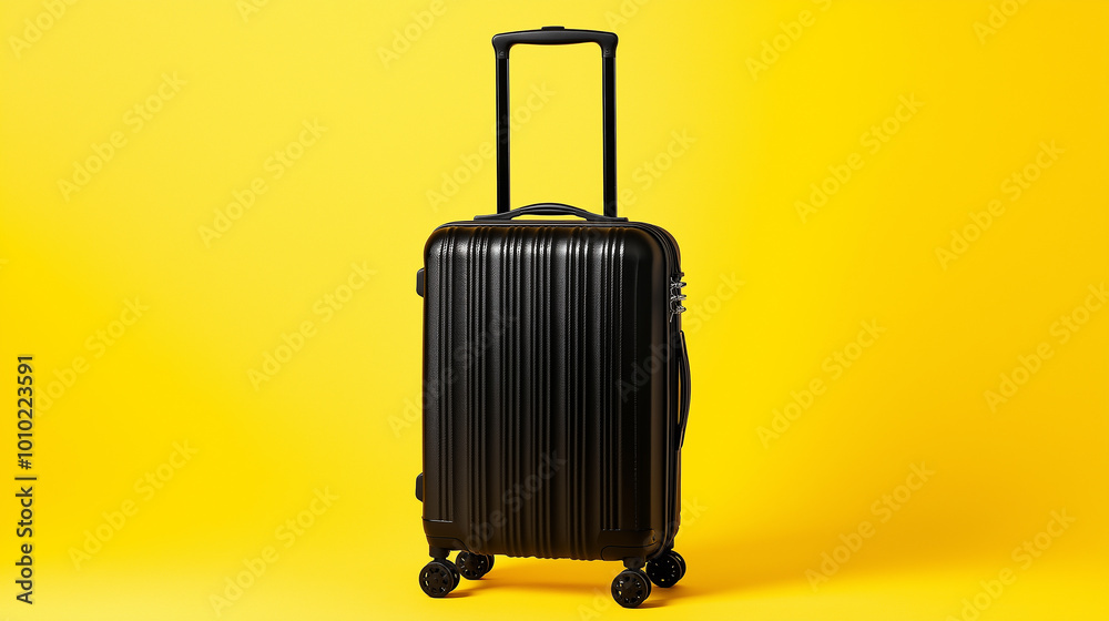 Black rolling suitcase is standing on a yellow background Black rolling suitcase is standing on a yellow background