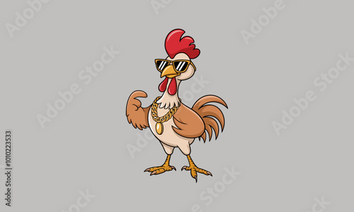 Cool cartoon rooster wearing sunglasses and a gold chain, pointing confidently.