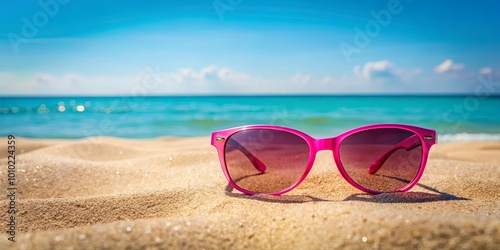 Fuchsia Sunglasses Resting on a Pristine Sandy Beach with a Glimpse of the Tranquil Ocean in the Background