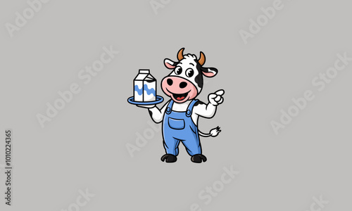 Cartoon cow wearing overalls holding a milk carton on a tray.