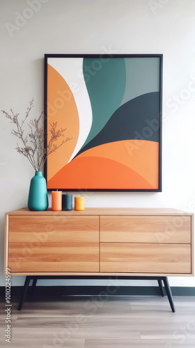 Modern living room with a wooden dresser and abstract art. photo