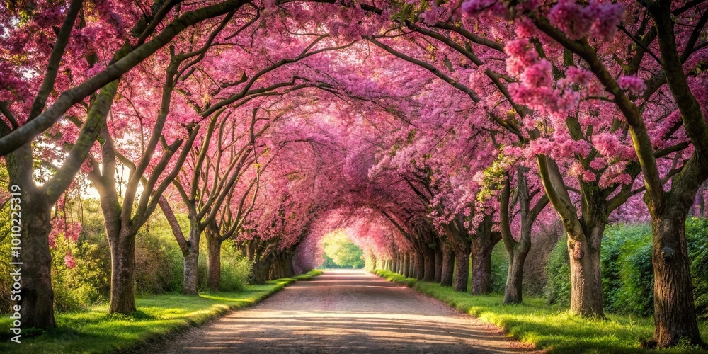 Fototapeta premium A pathway through a vibrant canopy of blooming trees, dappled sunlight filtering through the delicate pink petals, creating an enchanting and ethereal ambiance.