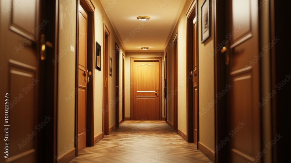 Empty Hallway with Wooden Doors Empty Hallway with Wooden Doors