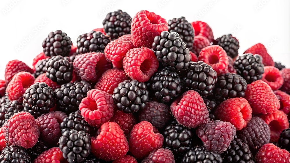 A Close-Up View of a Collection of Ripe Blackberries and Raspberries, Highlighting their Textures and Colors A Close-Up View of a Collection of Ripe Blackberries and Raspberries, Highlighting their Textures and Colors