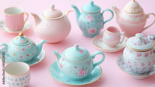 A Collection of Vintage Teacups and Teapots on a Pink Background photo