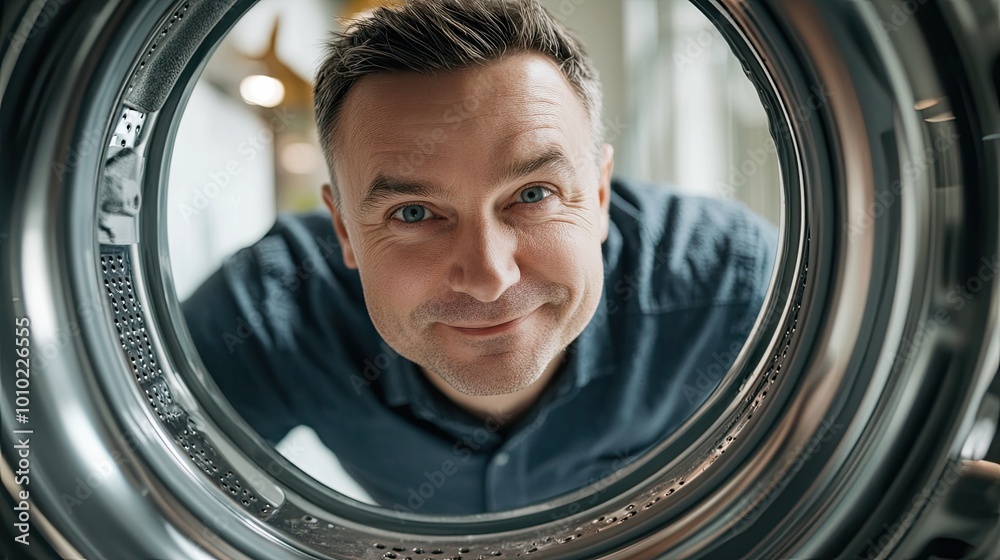 Man Peeking Through a Washing Machine Door Man Peeking Through a Washing Machine Door