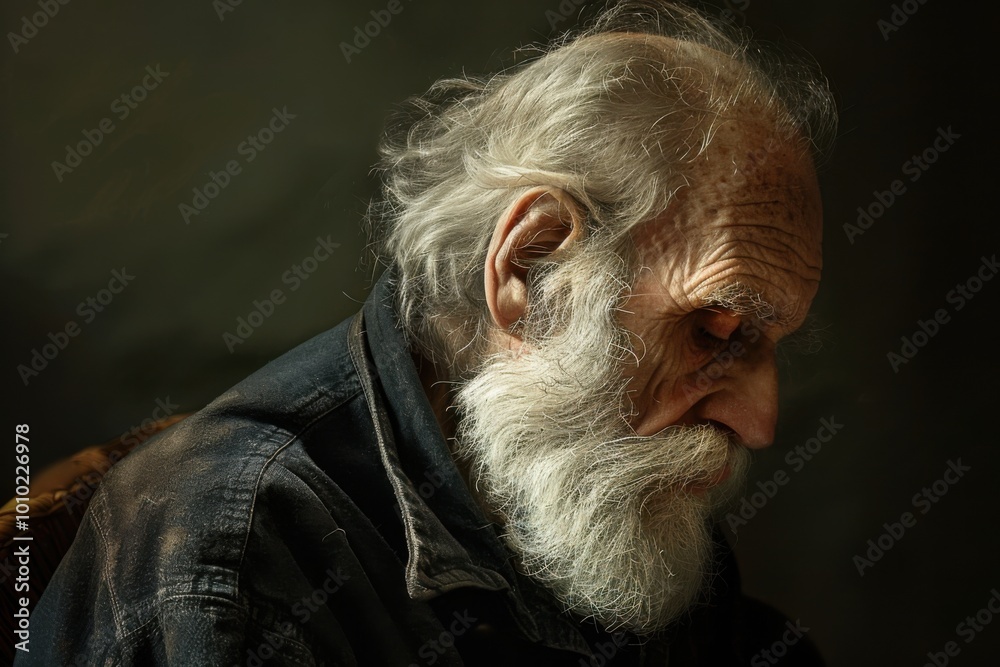 Obraz premium A pensive elderly man with a flowing white beard, softly lit from one side, with shadows casting a serene mood in a dark room