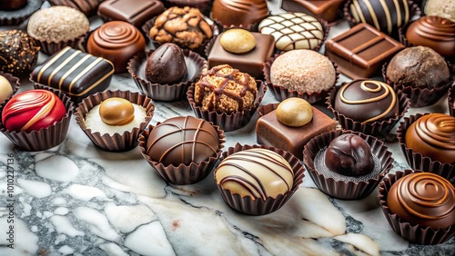 A delectable assortment of gourmet chocolates, meticulously arranged on a marble surface, showcasing a symphony of shapes, sizes, and flavors.